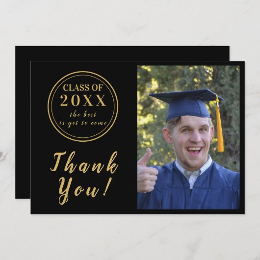 ブラック&モダン金ゴールド卒業写真ありがとう サンキューカード (正面/裏面)
