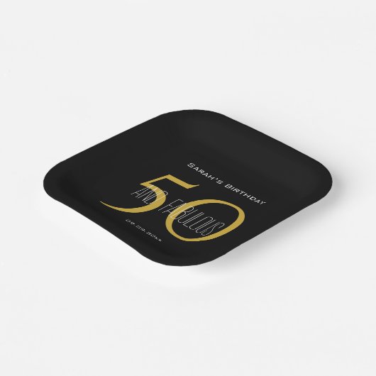 ブラック&モダン金ゴールド50と素晴らしい誕生日パーティー ペーパープレート (傾斜あり)