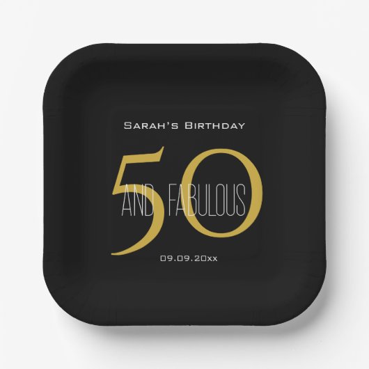 ブラック&モダン金ゴールド50と素晴らしい誕生日パーティー ペーパープレート (正面)