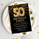 ブラック&モダン金ゴールド50thサプライズ誕生日パーティー 招待状<br><div class="desc">50歳モダンの人にブラック&金ゴールドのサプライズ誕生日パーティーの招待！黒い背景、金ゴールドグリッターフェイク紙吹雪、金ゴールド50歳の誕生日バルーンと簡単のエレガント誕生日テンプレートを搭載してカスタマイズいる。</div>