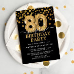 ブラック&モダン金ゴールド80thサプライズ誕生日パーティー 招待状<br><div class="desc">80代モダンを迎える金ゴールドとブラックの誕生日パーティー招待！黒い背景、金ゴールドのグリッターフェイク紙吹雪、金ゴールド80歳の誕生日バルーンとエレガント簡単の誕生日テンプレートを搭載してカスタマイズいる。</div>