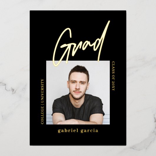 ブラック モダン シンプル 卒業パーティー 招待状 ゴールド (正面)