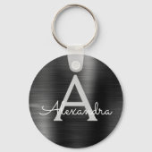 ブラック モダン 偽ステンレススチール モノグラム キーホルダー (正面)