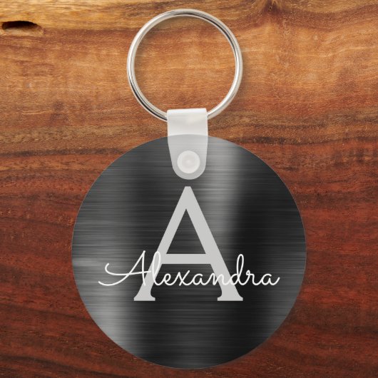 ブラック モダン 偽ステンレススチール モノグラム キーホルダー (正面)