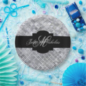 ブラック&モノグラムのシルバー25周年記念 ペーパープレート (パーティー)