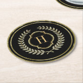 ブラック&モノグラムの金ゴールドグリッターリースクレスト ラウンドペーパーコースター (アングル)