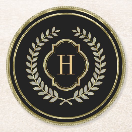 ブラック&モノグラムの金ゴールドグリッターリースクレスト ラウンドペーパーコースター (正面)
