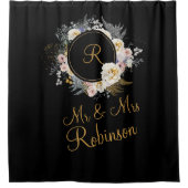 ブラック・モノグラムの金ゴールドフローラの結婚夫妻 シャワーカーテン (正面)