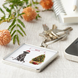 ブラック・ラおもしろいボ・クリスマス・ドッグと木 キーホルダー