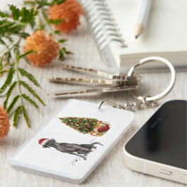 ブラック・ラおもしろいボ・クリスマス・ドッグと木 キーホルダー