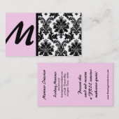 ブラック&ライトピンクのダマスクの名刺 名刺 (正面/裏面)
