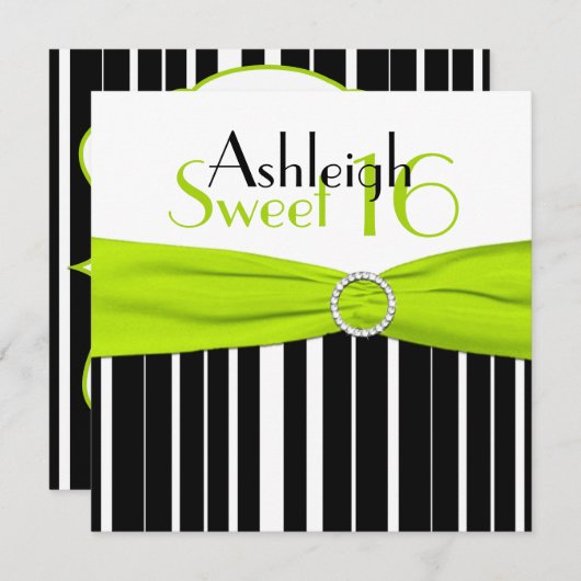 ブラック、ライム、ホワイトスウィート16招待状フェイク きらきら光る 招待状 (正面/裏面)