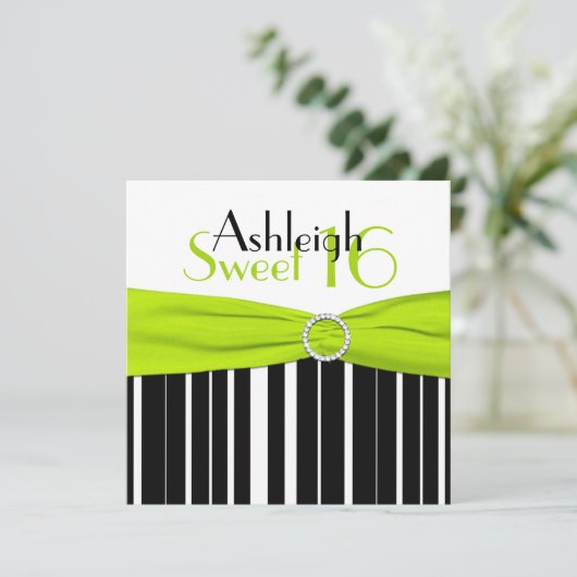 ブラック、ライム、ホワイトスウィート16招待状フェイク きらきら光る 招待状 (スタンド正面)