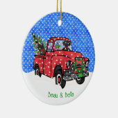 ブラック・ラボ付き赤ヴィンテージ雪のクリスマストラック セラミックオーナメント (右)