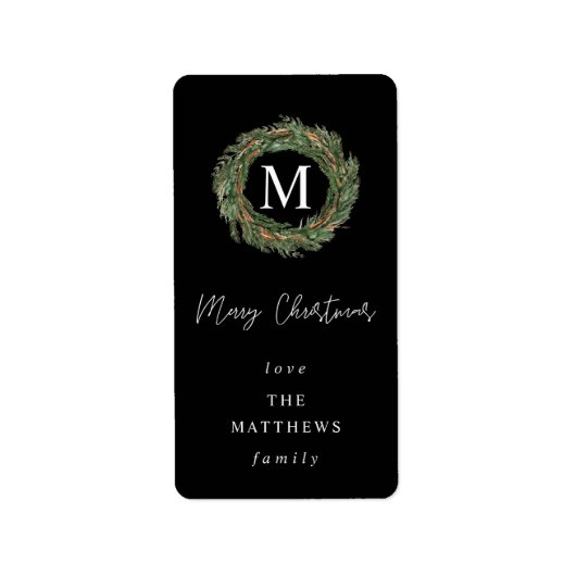ブラック&リースモノグラムメリークリスマスラベル ラベル (正面)