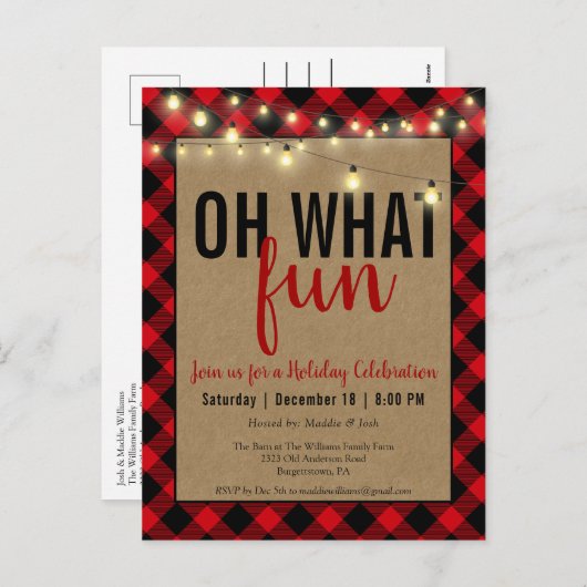 ブラック&レッドの格子縞チェックのルースティックなホリデーパーティー シーズンポストカード (正面/裏面)