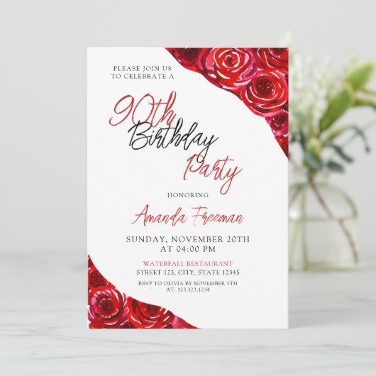 ブラック&レッドエレガントローズ90誕生日 招待状 (スタンド正面)