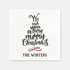 ブラック&レッドクリスマスツリーレタリングホリデイ スタンダードカクテルナプキン