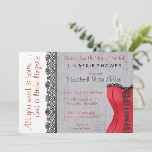 ブラック&レッドコルセットランジェリーブライダルシャワー招待状 招待状 (スタンド正面)