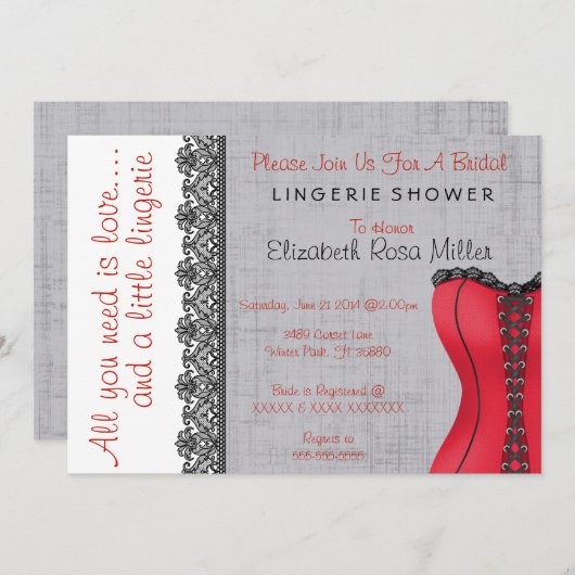 ブラック&レッドコルセットランジェリーブライダルシャワー招待状 招待状 (正面/裏面)