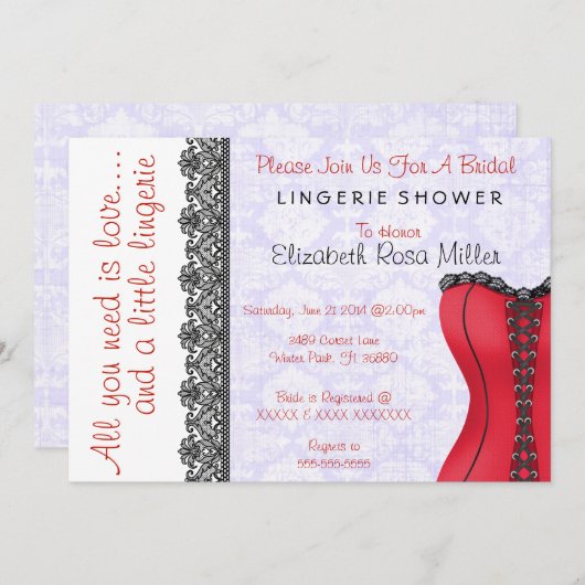 ブラック&レッドコルセットランジェリーブライダルシャワー招待状 招待状 (正面/裏面)