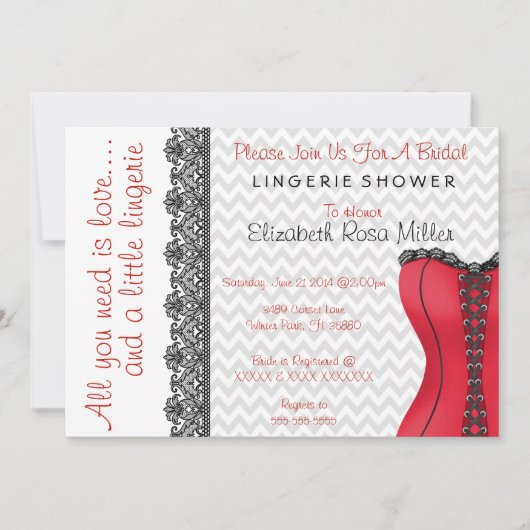 ブラック&レッドコルセットランジェリーブライダルシャワー招待状 招待状 (正面)