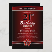 ブラック&レッドサプライズ21stバースデーディナーパーティー 招待状 (正面/裏面)