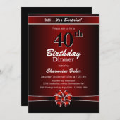 ブラック&レッドサプライズ40thバースデーディナーパーティー 招待状 (正面/裏面)