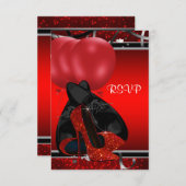 ブラック&レッドハイヒール誕生日パーティーRSVP 出欠カード (正面/裏面)