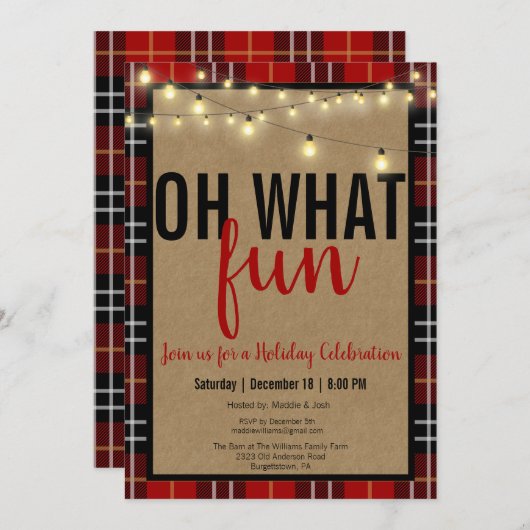 ブラック&レッドプレイドチェックおもしろいホリデーパーティー招待状 シーズンカード (正面/裏面)