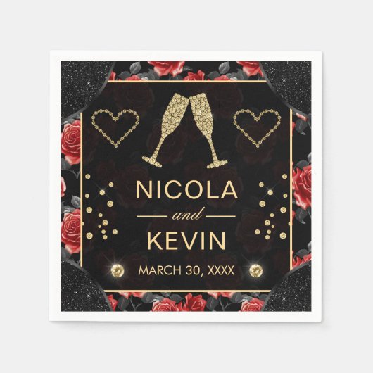 ブラック&レッドローズパターン&金ゴールド結婚ダイヤモンド スタンダードカクテルナプキン (正面)