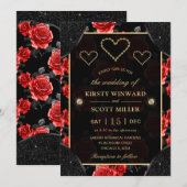 ブラック&レッドローズパターン&金ゴールド結婚ダイヤモンド 招待状 (正面/裏面)