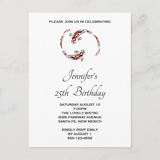 ブラック&レッド日本のコイフィッシュペア誕生日 インビテーションポストカード (正面)