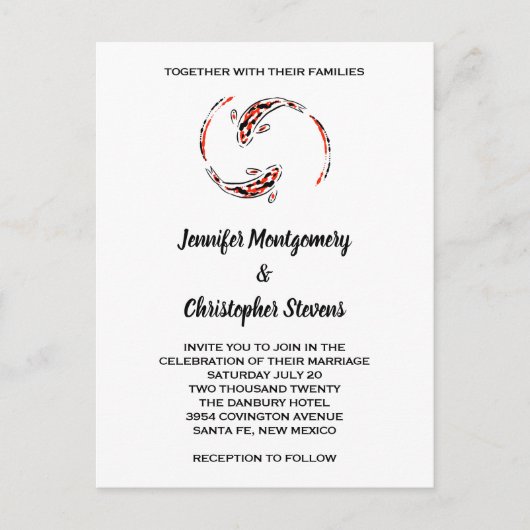 ブラック&レッド日本のコイフィッシュペ結婚ーズ インビテーションポストカード (正面)