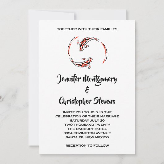 ブラック&レッド日本のコイフィッシュペ結婚ーズ 招待状 (正面)