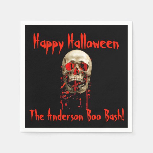 ブラック&レッド笑いスカルハローウィンパーティ スタンダードカクテルナプキン (正面)