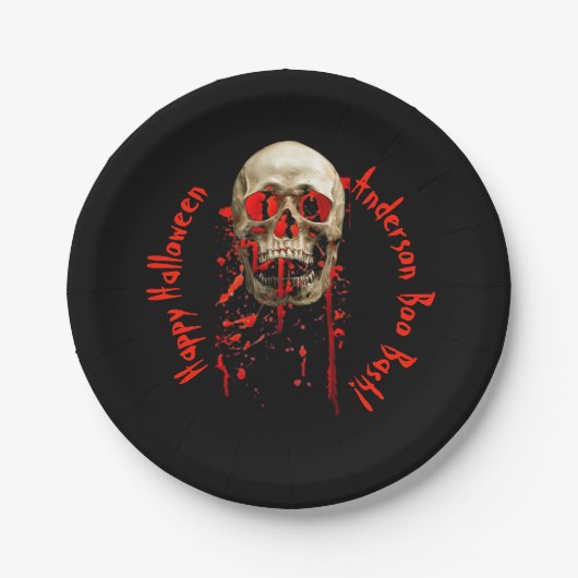 ブラック&レッド笑いスカルハローウィンパーティ ペーパープレート (正面)