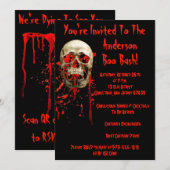 ブラック&レッド笑いスカルQRコードハローウィンパーティ 招待状 (正面/裏面)