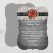 ブラック レッド グレー ラスティック ウッド ローズ ウェディング インビテ 招待状 (正面/裏面)