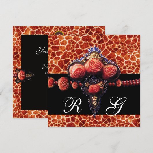 ブラック レッド コーラル ローズ、キリン 皮 モノグラム 招待状 (正面/裏面)