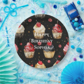 ブラック レッド ゴールド グラム カップケーキ 誕生日 ペーパープレート (パーティー)