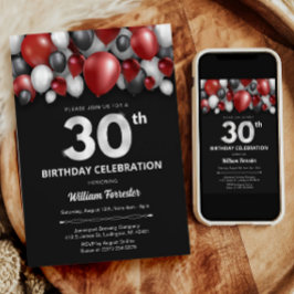 ブラック・レッド・シルバー&ホワイト30th誕生日招待状 招待状