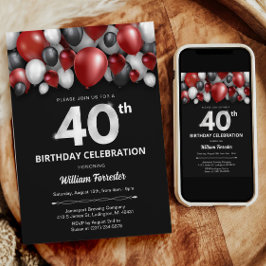 ブラック・レッド・シルバー&ホワイト40th誕生日招待状 招待状