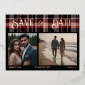 ブラック＆レッド スコットランド タルタン セーブ・ザ・デート 箔招待状ポストカード (正面)