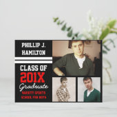 ブラック/レッド スポーティー ボーイズ 3 フォト 卒業 招待状 (スタンド正面)