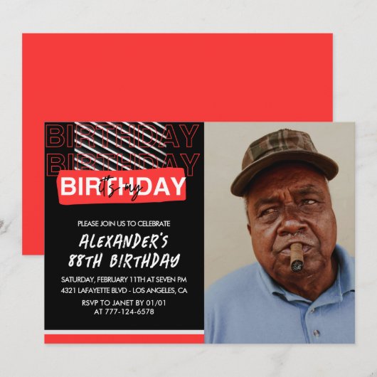 ブラック レッド フォト 88歳の誕生日招待状 男性 招待状 (正面/裏面)