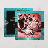 ブラック レッド ブルー 自転車 ウェディング ダマスク モノグラム 招待状 (正面/裏面)