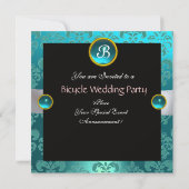 ブラック レッド ブルー 自転車 ウェディング ダマスク モノグラム 招待状 (裏面)