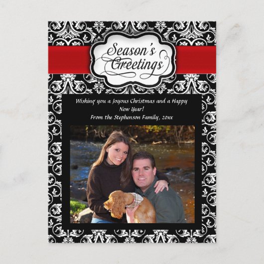 ブラック/レッド/ホワイトのダマスクシーズンのグリーティングポストカード シーズンポストカード (正面)