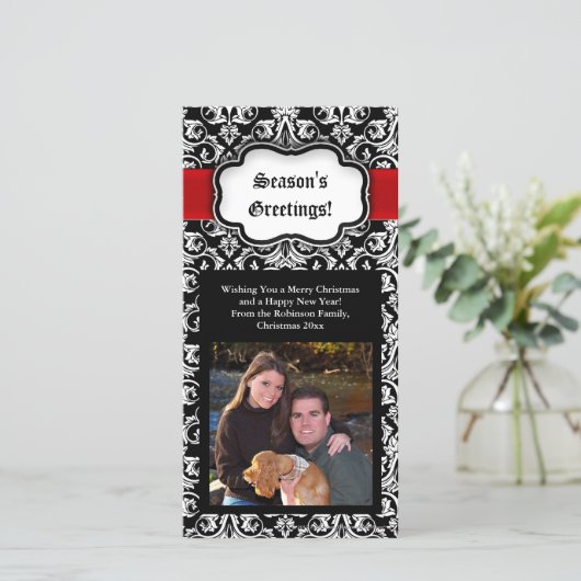 ブラック/レッド/ホワイトのダマスクシーズンの挨拶フォトカード シーズンカード (スタンド正面)